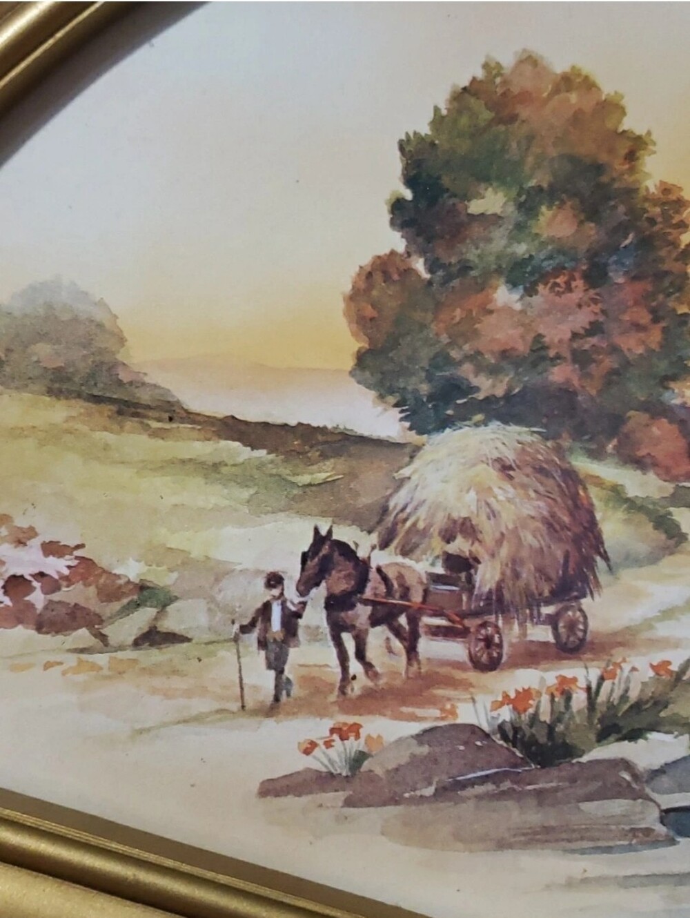 Vtg 1984 Homco Fan Shaped Framed Wall Art Autumn Country USA Homestead Bow Gold - Picture 3 of 8
